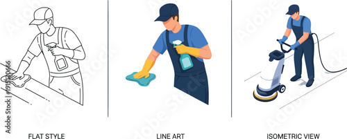 Cleaning service professionals illustrated in various artistic styles and techniques