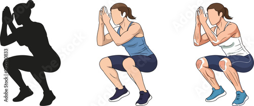 Woman performing a squat exercise in different illustration styles
