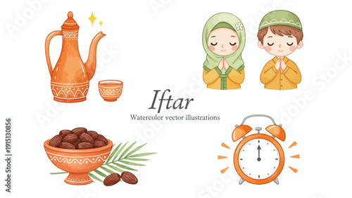 Illustration of Iftar celebration with people, tea, dates, and clock in a serene environment from a straightforward viewpoint