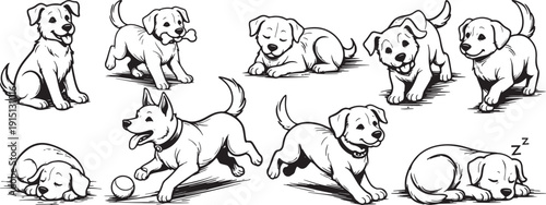 Cute puppy dog poses set playing running sleeping cartoon pet monochrome vector illustration collection