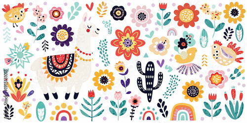 Whimsical floral pattern featuring a llama rooster and colorful botanical elements