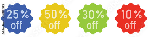 25, 10, 30 and 50 Percent, discount and off sticker icon vector blue, red, green, yellow colour sticker. Shopping mall discount percent sign vector icon. Vector illustration.