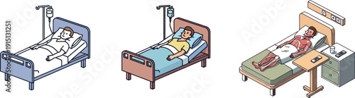 Patients in various stages of recovery lying in hospital beds comfortably