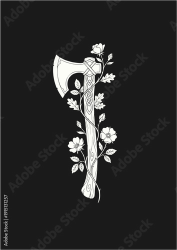 Minimalist Viking Battle Axe Vector Illustration with Floral Vines Decoration in Monoline L:ine Art Style