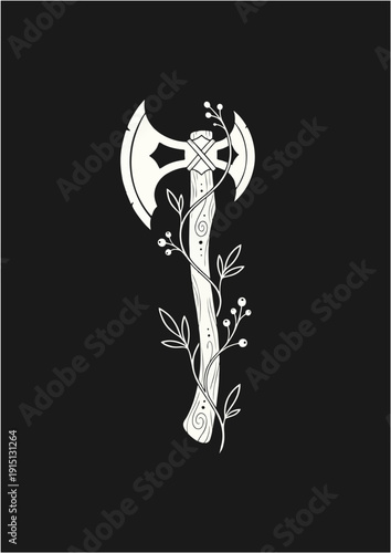 Minimalist Double Headed Battle Axe Vector Illustration with Floral Vines Decoration in Monoline Line Art Style