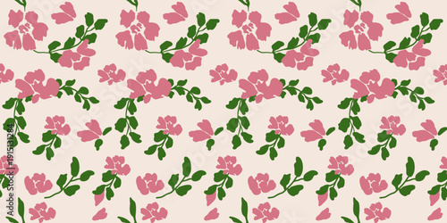 Seamless pink floral vector design featuring blooming spring flowers and lush green leaves, perfect for vintage, nature-themed wallpaper and textile decor.