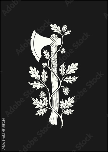 Minimalist Viking Battle Axe Vector Illustration with Floral Vines Decoration in Monoline L:ine Art Style