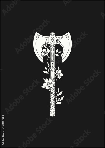 Minimalist Double Headed Battle Axe Vector Illustration with Floral Vines Decoration in Monoline Line Art Style