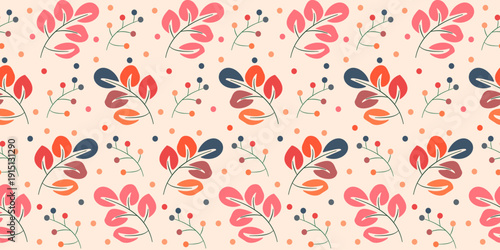 Seamless vintage floral vector pattern with green leaves, perfect for designing luxurious summer fabric wallpaper. Cute fabric pattern.