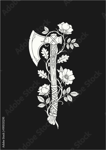 Minimalist Viking Battle Axe Vector Illustration with Floral Vines Decoration in Monoline L:ine Art Style