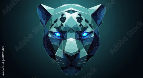 Low poly geometric panther head with glowing blue eyes on dark background abstract animal illustration
