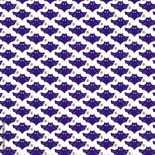 Seamless pattern with dark purple cartoon bats and tiny orange stars on a clean white background, ideal for Halloween branding or textile design.