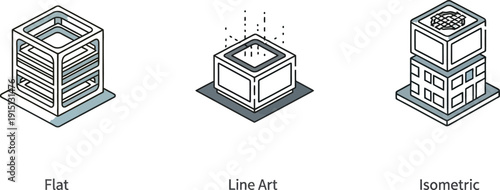 Various Artistic Representations of a Building in Flat Line and Isometric