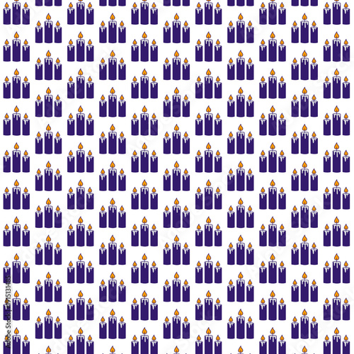 Seamless pattern of dark indigo blue burning candles with orange flames arranged in small groups on a clean white background, ideal for festive designs.