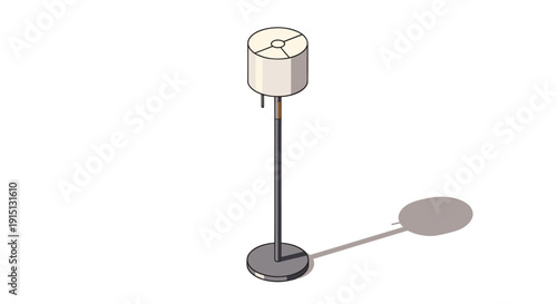 Isometric illustration of a floor lamp with a cylindrical shade on a white background. Could be used for interior design, or minimalist modern living.