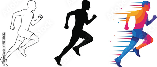 Dynamic illustrations of a man running in various graphic styles