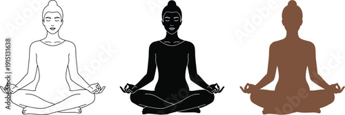 Serene woman meditates in lotus position with diverse silhouettes together