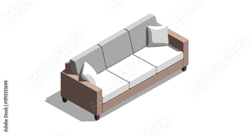 Vector illustration of a modern minimalist three-seater sofa with cushions. Isolated on white. Ideal for interior design, architecture, and furniture concepts.