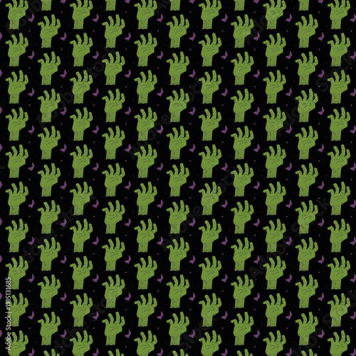 Seamless pattern of creepy green zombie hands reaching up with small purple crescent moons and tiny white stars on a dark black background, perfect for Halloween branding.