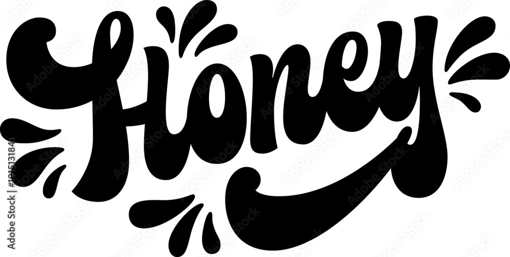 Obraz premium Honey. Bold, 70s-style calligraphy showcases a playful, rounded typeface with dynamic flourishes. Decorative elements feature small splashes and curves around the lettering