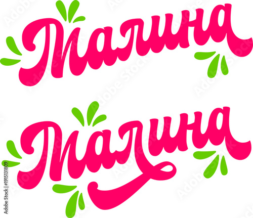 Малина – Raspberry. Bold lettering in Russian showcases a playful 70s style calligraphy, featuring curves and flourishes. Floral elements, including green leaves.