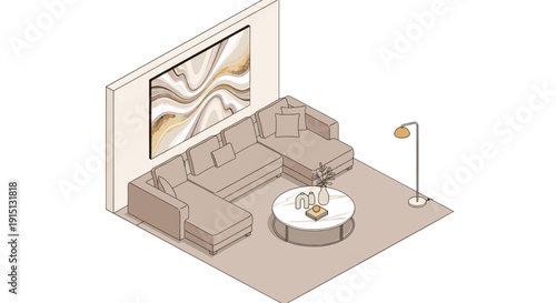Isometric illustration of a modern living room featuring a beige sectional sofa, coffee table with decor, floor lamp, and abstract artwork. Ideal for interior design and architectural visualization.