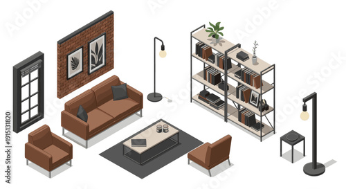 Isometric illustration of a stylish living room setup. Includes a sofa, chairs, bookcase, coffee table, and lamps for interior design projects.
