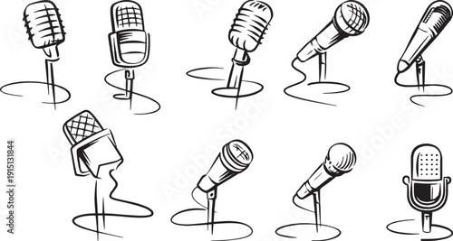 Retro and modern microphone set on stands hand drawn sketch style audio recording vector collection     