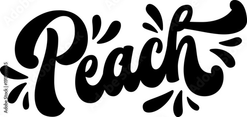 Peach. Bold 70s style calligraphy in black creates a dynamic focal point. Decorative swirls add flair, surrounded by subtle fruit-inspired accents. Ideal for food branding or packaging.
