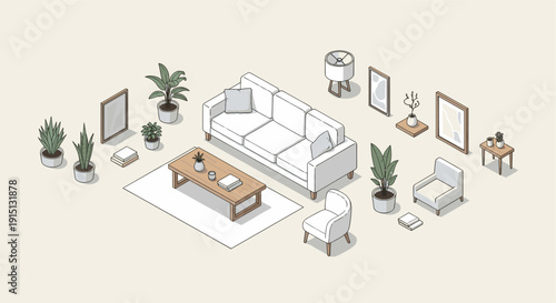 Isometric vector illustration of a living room scene. Includes sofa, chairs, coffee table, plants, lamps, and artwork. Ideal for interior design, architectural visualization.