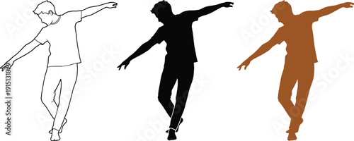 Man dancing in various artistic styles and colors on white background