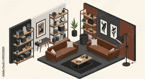 Isometric living room scene with brown leather sofas, bookshelves, coffee table and decor. Modern, elegant interior illustration for architectural or design concepts.