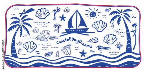 Nautical themed design with sailboat palm trees and seashells in blue and white