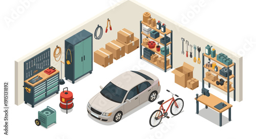Isometric illustration of a well-organized garage interior. Includes a car, bicycle, storage shelves, tools, boxes, and workbench. Good for DIY, home improvement, and organization concepts.