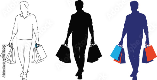 Man walking with shopping bags in various graphic styles depicted together