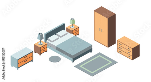 Isometric illustration of a bedroom set: bed, wardrobe, bedside tables, dressers, rug. Ideal for interior design, presentations, or website graphics relating to home decor.