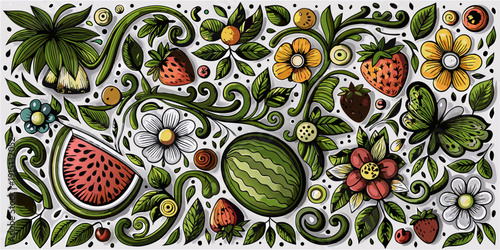 Colorful doodle illustration featuring various fruits flowers and leafy vines