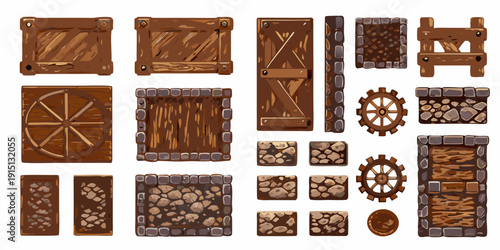 Collection of pixel art game assets wooden crates doors and stone elements