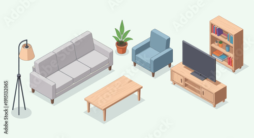Isometric vector illustration of living room furniture, including sofa, armchair, table, lamp, TV, and bookshelf. Great for interior design concepts and visualization.