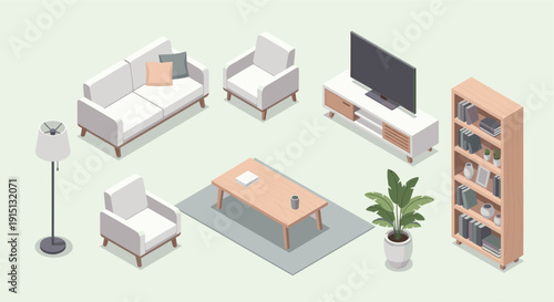 Isometric illustration of a living room setup with sofa, chairs, TV, bookshelf, and plant. Ideal for interior design, home decor, and architectural visualization projects.