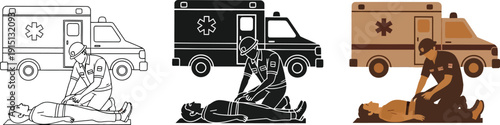 Emergency medical technician provides aid to injured person with ambulance nearby