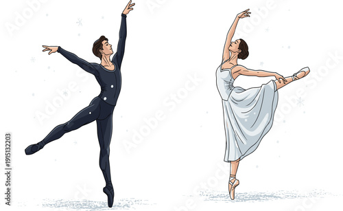 Ballet dancers performing elegant pose, graceful movement, winter theme, snowflakes, classical dance, balance, flexibility, white dress, blue costume, artistic expression