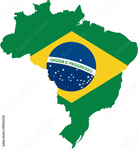 Brazilian map outline filled with national flag colors, flat design vector, transparent background