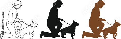 Young woman kneeling on one knee with a dog on a leash