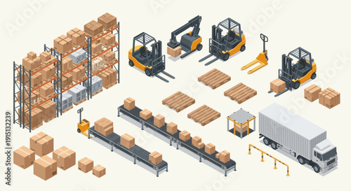 Isometric vector illustration depicting warehouse processes, featuring forklifts, conveyors, shelving units, a delivery truck, and cardboard boxes. For supply chain, logistics, automation.