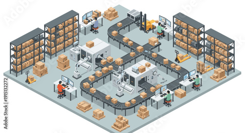 Isometric illustration of an automated warehouse with conveyor belts, robotic arms, shelves, and workers at computers. Ideal for demonstrating logistics, supply chain, technology, and e-commerce.