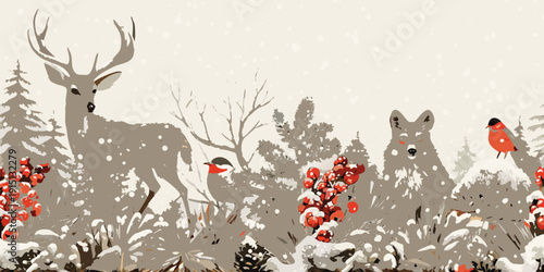 Winter scene depicting a deer birds and berries in a stylized illustration