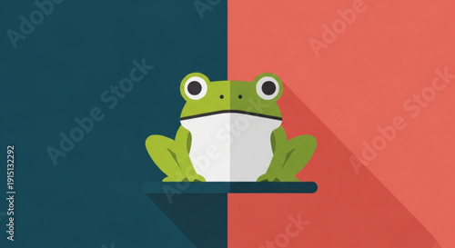 Green frog sitting on laptop with big eyes on dark blue and orange background