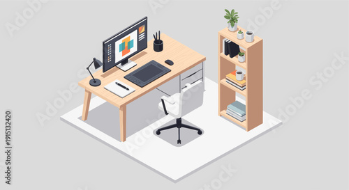 Isometric illustration of graphic designer's workspace. Features a desk with computer, drawing tablet and bookshelf. Ideal for showcasing creative professions or home office setups.