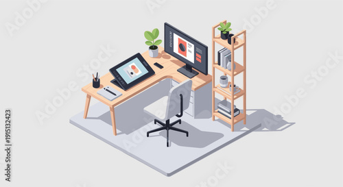 An isometric illustration of a modern workspace with a drawing tablet, monitor, chair, and shelf. Ideal for showcasing digital design, remote work, or creative environments.